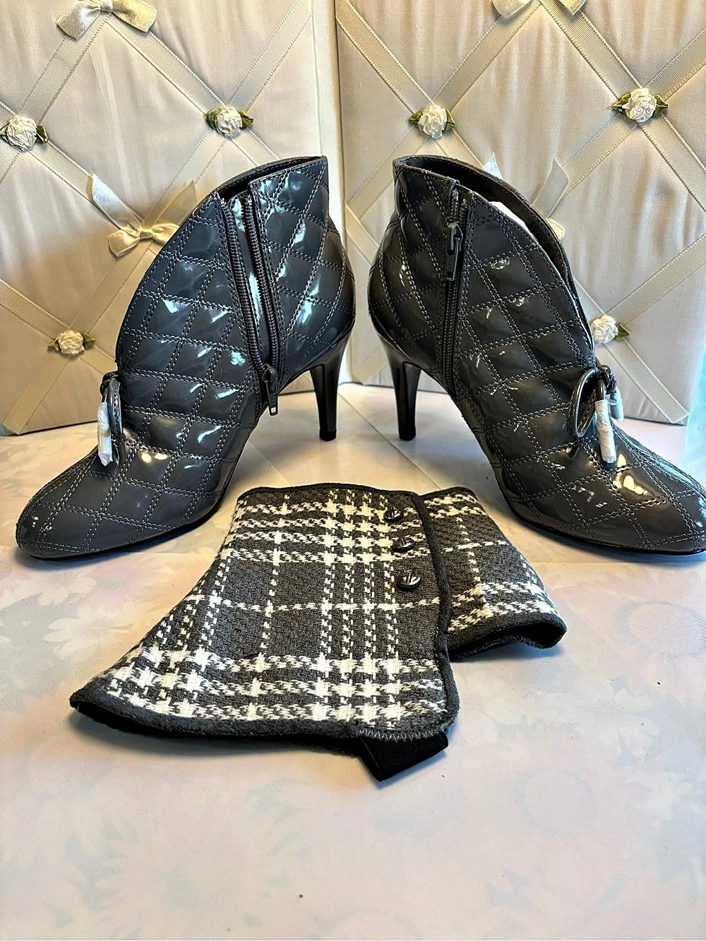 Hot in Hollywood Quilted Patent Heeled Booties - Gray